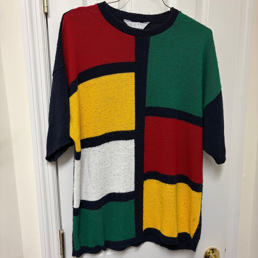 Blair Vintage Color Block Short Sleeve Sweater Mom Fit Size Large